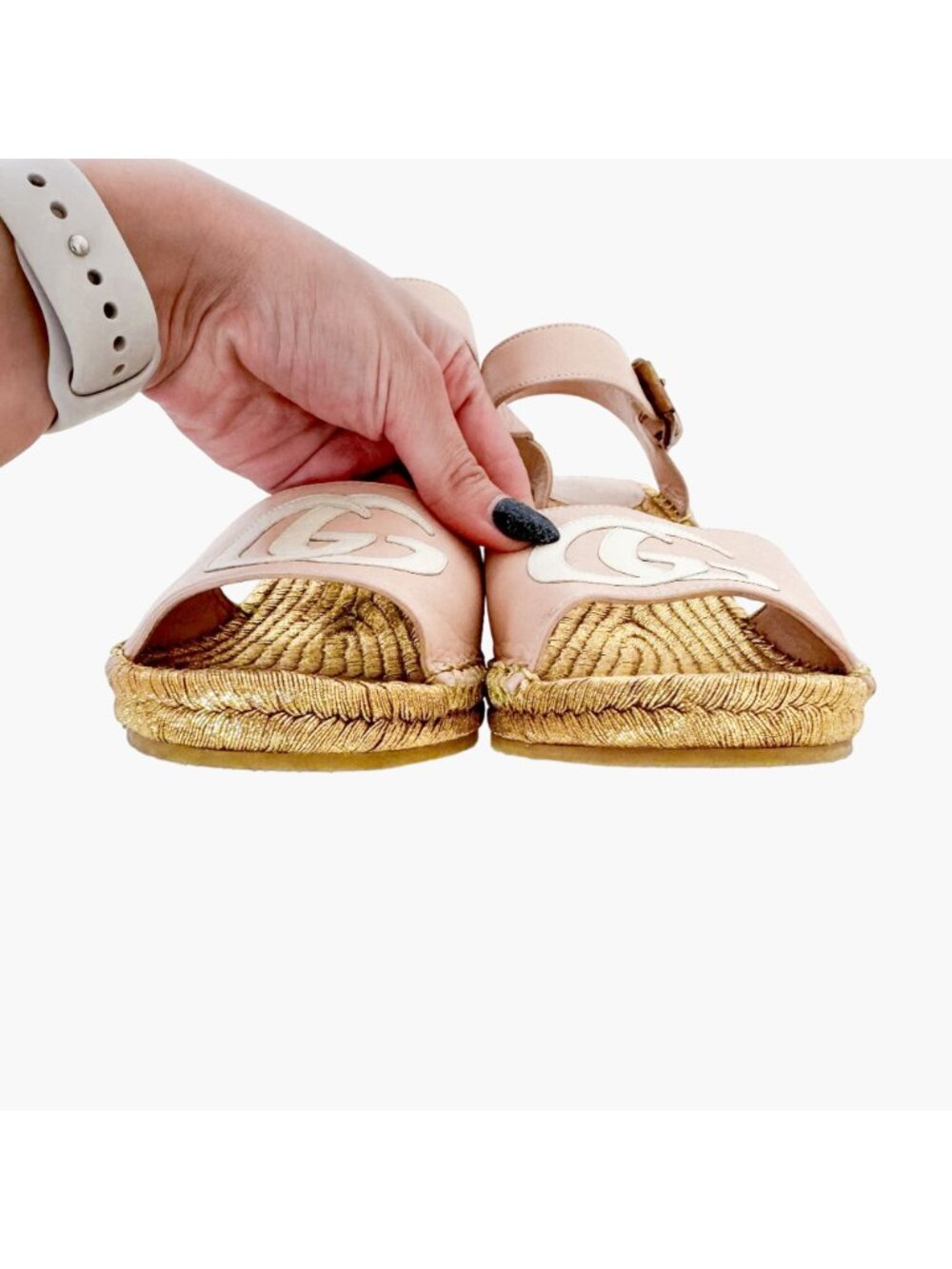 Gucci Flor GG Espadrille Wedge Sandals EU 39.5 US 9.5 Pink Gold Platform Heel - Picture 5 of 11